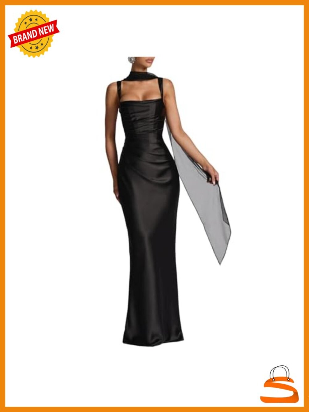 Satin Corset Top Elegant Maxi Dress with Sheer Scarf Evening Gown